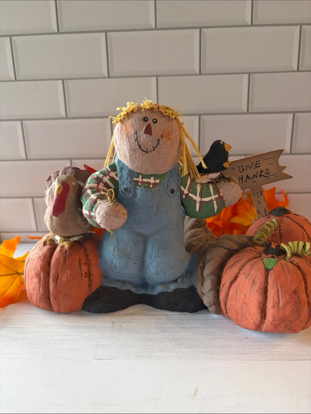 Harvest Scarecrow Figurine with Pumpkins - Blue Overalls Fall Decor